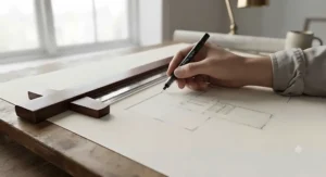 Close-up of a 45-degree set square being used to measure precise angles in a technical drawing.