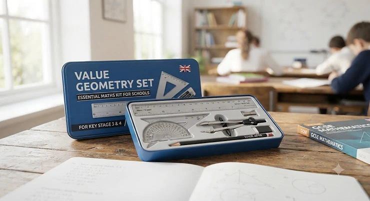 A complete value geometry set for school laid out on a wooden desk, including a ruler, set squares, protractor, and compass. value geometry set for school