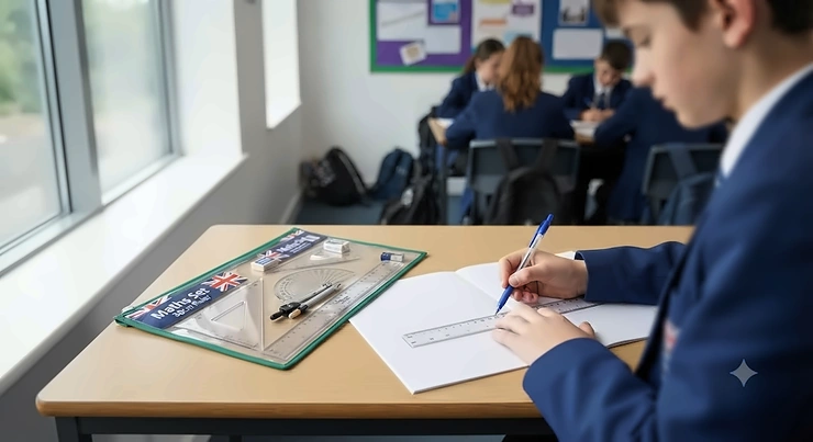 A complete value ruler set for school laid out on a desk, including a clear plastic 30cm ruler, set square, protractor, and compass. value ruler set for school