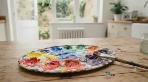 A palette displaying a rainbow of bright poster paint colours blending together for school art classes.