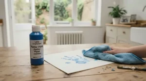 A bottle of washable poster paint next to a toddler's handprint on paper, showing easy cleanup for parents.