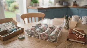 Clear acrylic storage box neatly filled with colourful decorative washi tape sets.