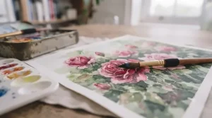 A delicate floral landscape painting created using a professional watercolour paint set.