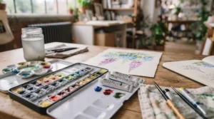 A comparison of watercolour paint set pans and paint tubes arranged on a studio desk.