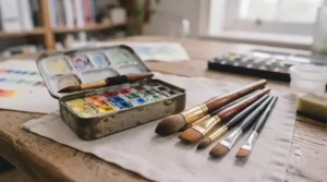 A selection of soft-haired paintbrushes alongside an open watercolour paint set.