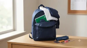 Durable navy blue school backpack included in the budget school starter pack under £25.