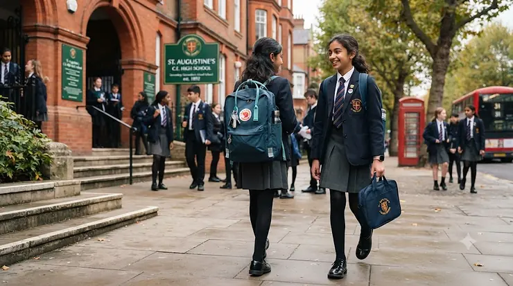 A durable backpack for a Year 7 student laid out with school books and essentials for secondary school in the UK. backpack for year 7