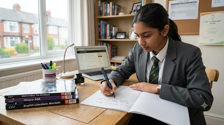 A teenage student in a UK school uniform writing exam notes with a sleek blue fountain pen for GCSE revision on a wooden desk. fountain pen for GCSE