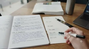 Flat lay comparing paper thickness in a notebook for lecture notes to prevent ink ghosting.
