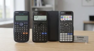 Line-up of Casio ClassWiz scientific calculators commonly used in UK secondary schools.