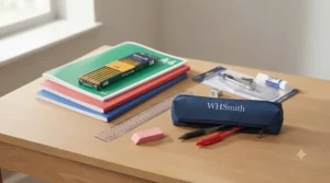 Assorted pens, pencils, ruler, and rubber laid out as part of a UK primary school starter pack.