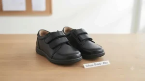Pair of black leather school shoes with easy Velcro fastenings suitable for a reception starter.