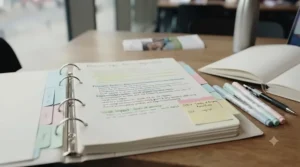 Highlighters and colour-coded tabs used to organise a notebook for lecture notes during revision.