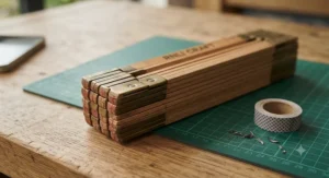 A compact folding ruler folded neatly into a small size for easy storage in a craft box.