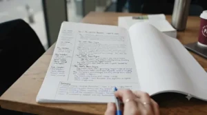 Close-up of a student using the Cornell layout in a notebook for lecture notes to organise revision.