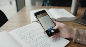Student scanning handwritten pages from a notebook for lecture notes into a laptop for revision.