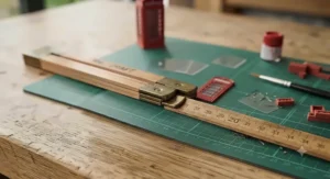 Highlighting the brass-plated hinge and durable wooden sections of a quality craft folding ruler.