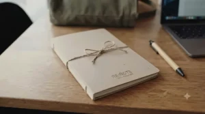 Sustainable recycled paper notebook for lecture notes designed for eco-conscious university students.