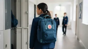 Rear view of a Year 7 student wearing an ergonomic backpack with padded shoulder straps and back support.