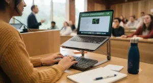 Close-up of a portable laptop stand adjusting eye-level screen height to improve student posture during long study sessions