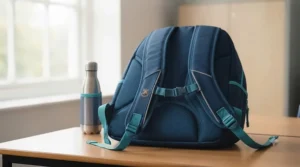 Close-up of padded shoulder straps and breathable back mesh on a primary school backpack for comfort.