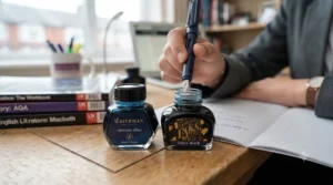Official blue and black permanent ink bottles next to a standard fountain pen for GCSE exam board compliance.