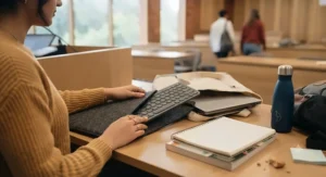Slim, foldable aluminium laptop stand sliding easily into a university student's backpack alongside textbooks
