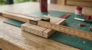 A fully extended folding ruler laid across a cutting mat to show its total length for larger projects.
