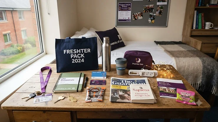Flat lay of a UK fresher starter pack featuring university essentials like a lanyard, notepad, fairy lights, and a student ID. fresher starter pack for university