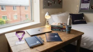 University stationery kit featuring a laptop, notebooks, highlighters, and pens for lectures and seminars.