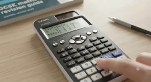A student using the statistics and table mode on a GCSE scientific calculator to solve frequency data.