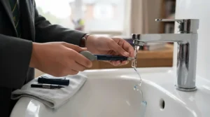 A fountain pen for GCSE school use being rinsed under a tap during routine maintenance to prevent ink clogs.