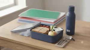 Insulated lunch box and matching reusable water bottle for school packed lunches.