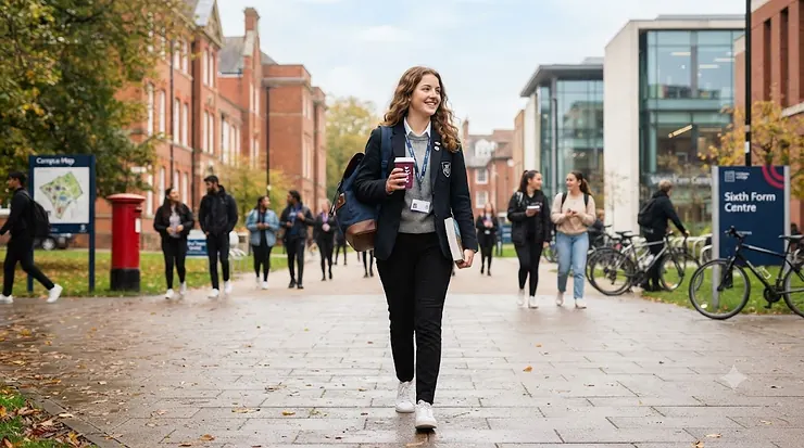 Stylish student carrying a laptop bag for sixth form across a British college campus. laptop bag for sixth form