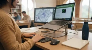 Adjustable laptop stand paired with a wireless keyboard and mouse for a comfortable student desk setup in accommodation