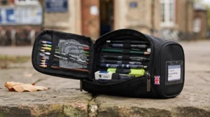 Multi-compartment pencil case filled with stationery essentials for secondary school lessons.