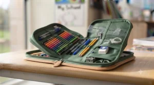 Spacious multi-pocket pencil organiser holding colouring pencils and rulers for young learners.