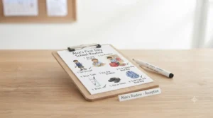 Visual daily routine chart showing a child getting dressed and packing their school bag for the first day.