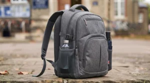 School backpack featuring multiple zipped compartments for organising books, lunch, and a laptop.