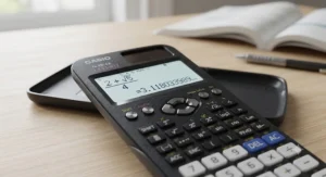 Close-up screen view of a scientific calculator showing fractions formatted just like a GCSE textbook.