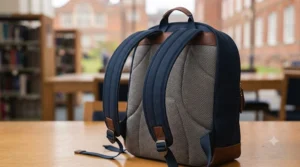Front zip compartment of a laptop bag for sixth form with handy slots for stationery, keys, and a student ID.