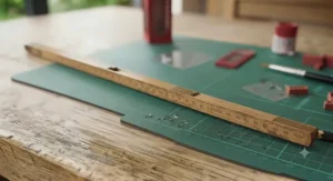 An organised craft desk featuring stationery, scissors, and a wooden folding ruler ready for use.