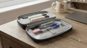 A well-organised pencil case filled with pens, pencils, and a ruler suitable for sixth form college.