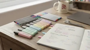 Pastel highlighters and fine-liner pens used by sixth form students for effective revision colour-coding.