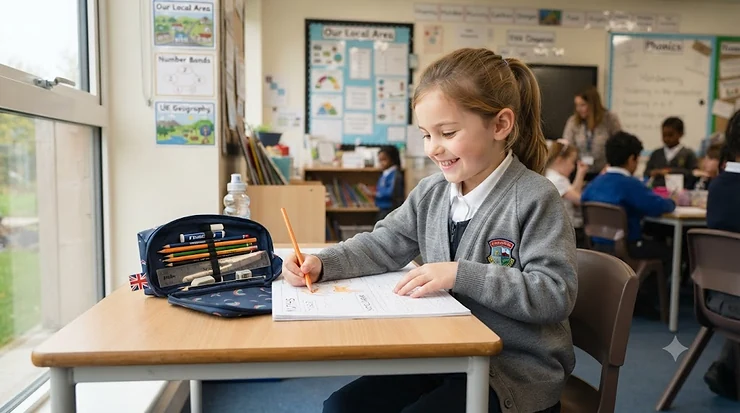 Colourful and durable pencil case for Year 1 and Year 2 primary school pupils on a wooden desk. pencil case for year 1 and 2