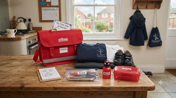 Flatlay of a reception school starter pack on a wooden desk, featuring a British school uniform polo, named water bottle, and a back-to-school checklist. reception school starter pack
