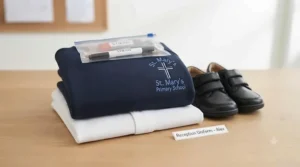 Illustration of a children's reception school uniform including a sweatshirt, polo shirt, and trousers neatly folded.
