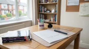Neat revision desk layout featuring flashcards, revision guides, and a reliable fountain pen for GCSE revision sessions.