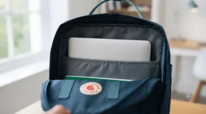 Interior view of a school backpack showing a padded laptop sleeve protecting a device for Year 7 lessons.