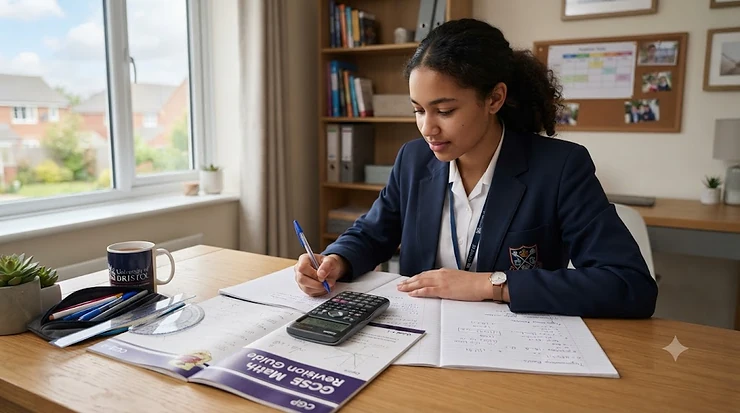 A Casio scientific calculator recommended for GCSE maths exams sitting on a wooden desk next to a revision guide. scientific calculator for GCSE
